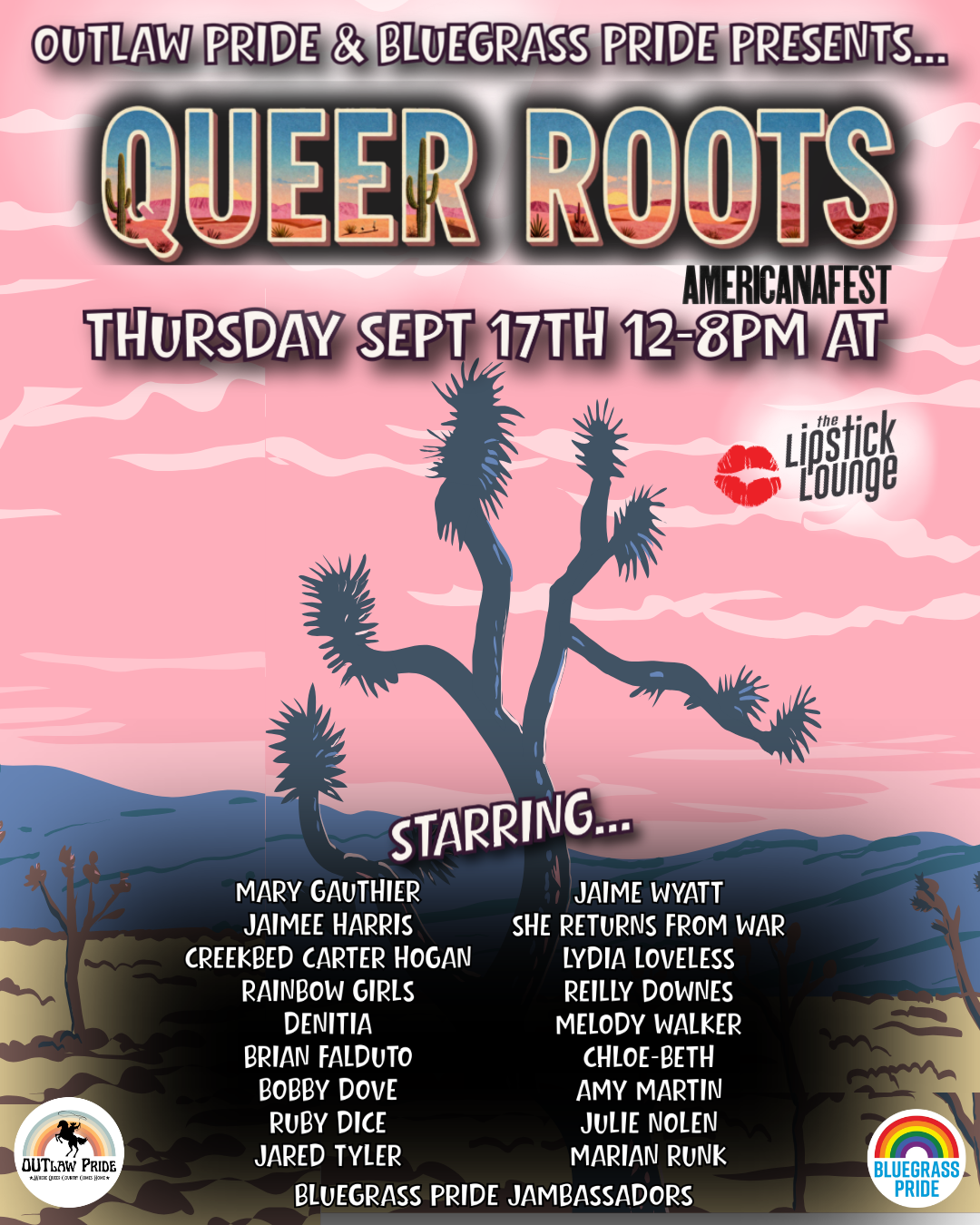 Queer Roots at AMERICANAFEST: OUTlaw Pride and Bluegrass Pride present a day of queer country, roots, and Americana at The Lipstick Lounge in Nashville